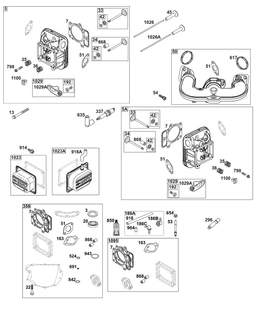 Cylinder Head Group Diagram and Parts List for 44U877-0033-G1 400000 - 699999 Briggs and Stratton Engine